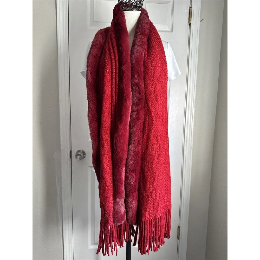 Luxury Red Scarf Shawl Fringe Poncho Knit Metallic Winter Women’s Accessories